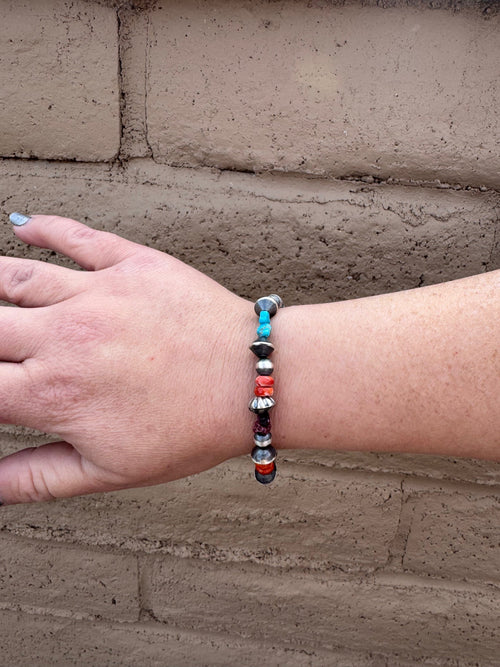 Handcrafted Multi Stone & Sterling Silver 3-6mm Beaded Bracelet 7.5"