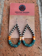 Handcrafted Kingman Turquoise & Spiny Oyster Beaded Dangle Wire Earrings