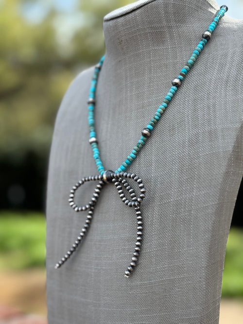 Handcrafted Sterling Silver & Rolled Turquoise Pearl Beaded Bow Tie Necklace 18"