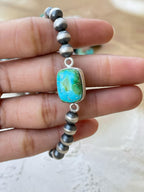 Handmade Sterling Silver 6 Inch Beaded bracelet with stone Signed Nizhoni