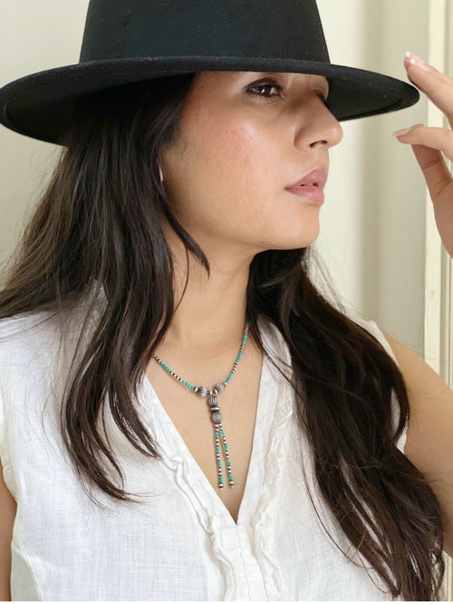 Handmade Sterling Silver Kingman Turquoise Beaded Necklace with Signed Nizhoni