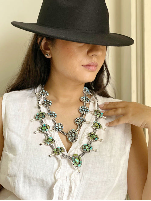 Handmade Sterling Silver Golden Hill Turquoise, Sonoran Mountain Turquoise Squash Blossom Beaded Necklace, Signed Nizhoni