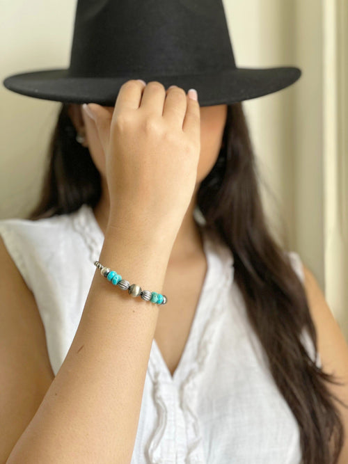 Handmade Sterling Silver Kingman Turquoise Beaded Bracelet with Signed Nizhoni