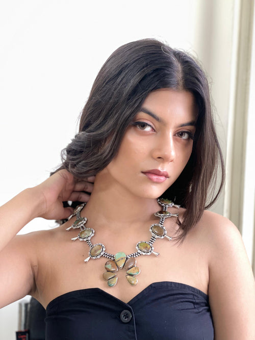 Handmade Sterling Silver Old Stock Royston Turquoise Beaded Squash Blossom Necklace Signed Nizhoni