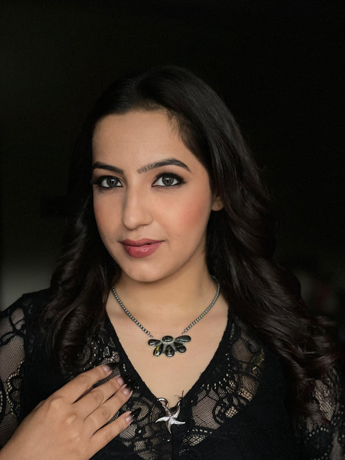 Handmade Sterling Silver Blackjack Turquoise Beaded Necklace with Signed Nizhoni