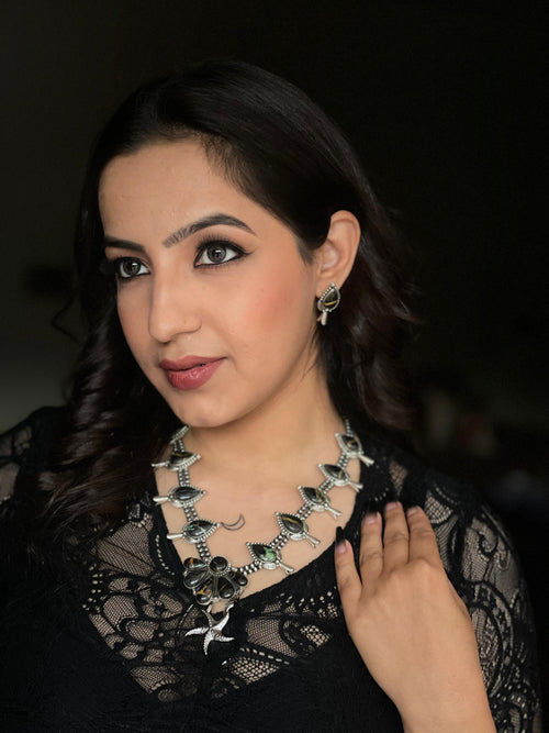 Handmade Sterling Silver Blackjack Turquoise Beaded Necklace Earrings Set with Signed Nizhoni