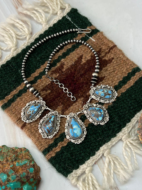 Handmade Sterling Silver Golden Hills Turquoise Beaded Necklace with Signed Nizhoni