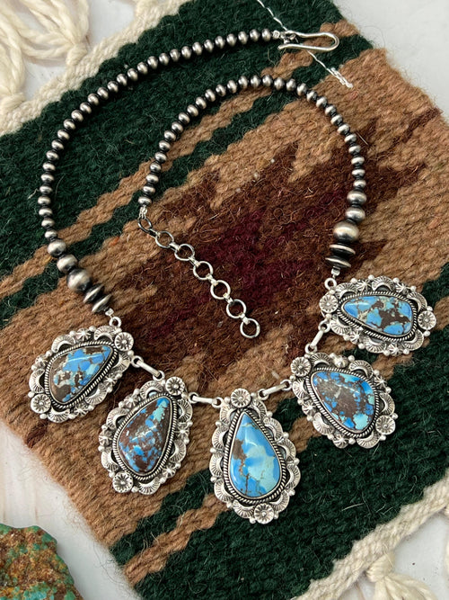 Handmade Sterling Silver Golden Hills Turquoise Beaded Necklace with Signed Nizhoni