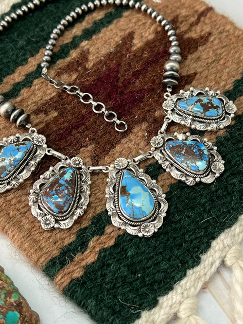 Handmade Sterling Silver Golden Hills Turquoise Beaded Necklace with Signed Nizhoni