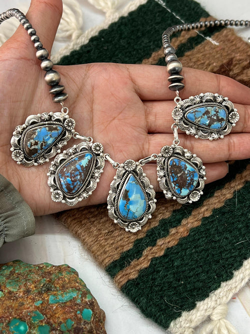 Handmade Sterling Silver Golden Hills Turquoise Beaded Necklace with Signed Nizhoni