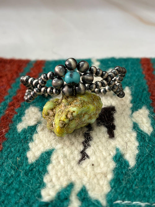 Handmade Sterling Silver Kingman Turquoise Beaded Bracelet with Signed Nizhoni