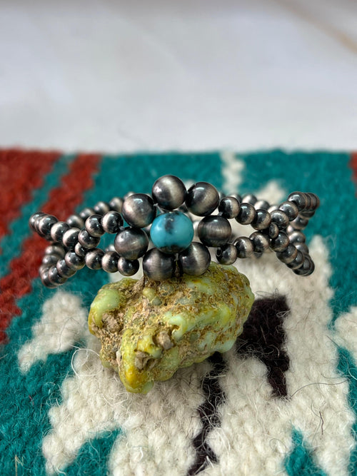 Handmade Sterling Silver Kingman Turquoise Beaded Bracelet with Signed Nizhoni