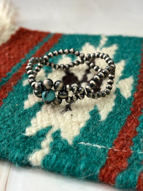 Handmade Sterling Silver Kingman Turquoise Beaded Bracelet with Signed Nizhoni