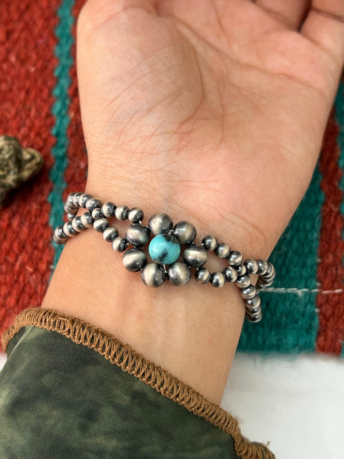 Handmade Sterling Silver Kingman Turquoise Beaded Bracelet with Signed Nizhoni