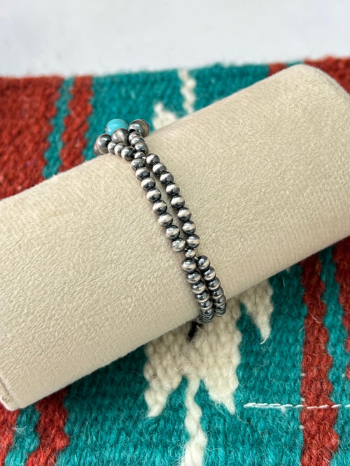 Handmade Sterling Silver Kingman Turquoise Beaded Bracelet with Signed Nizhoni