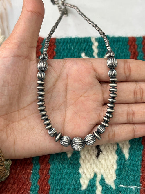 Handmade Sterling Silver Beaded Necklace with Signed Nizhoni