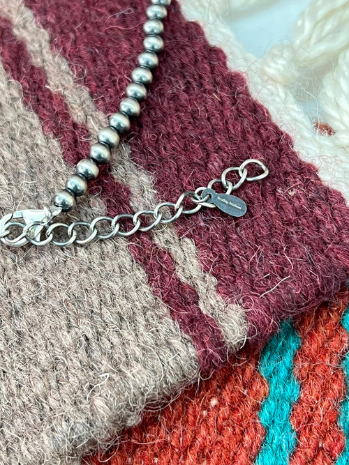 Handmade Sterling Silver Beaded Kingman Turquoise Necklace with Signed Nizhoni