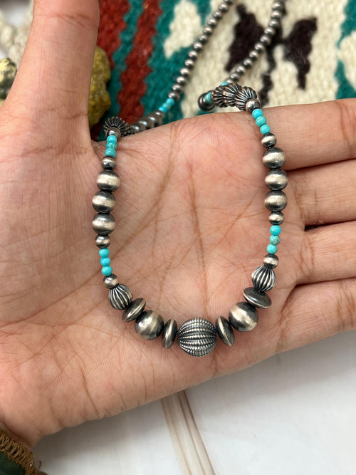 Handmade Sterling Silver Beaded Kingman Turquoise Necklace with Signed Nizhoni