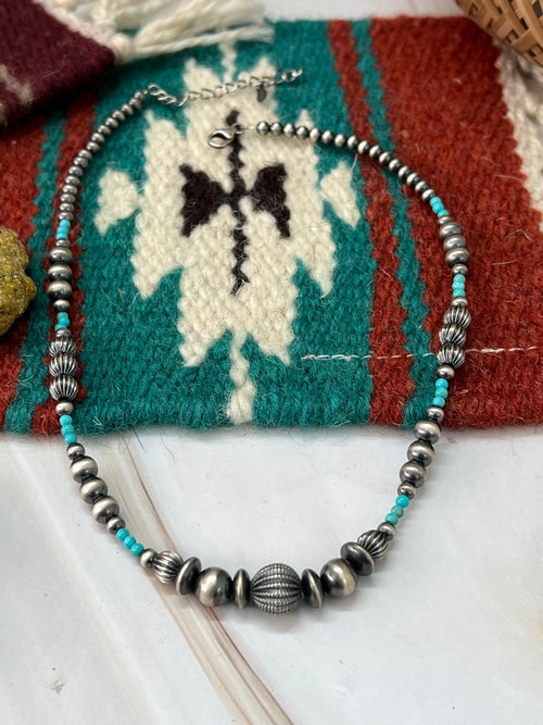 Handmade Sterling Silver Beaded Kingman Turquoise Necklace with Signed Nizhoni
