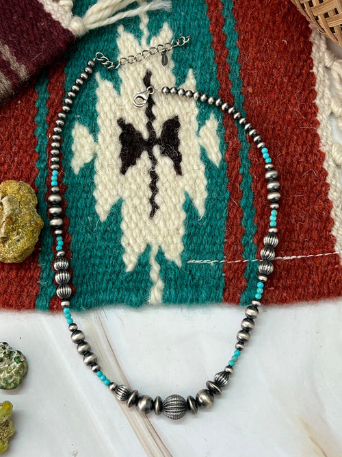 Handmade Sterling Silver Beaded Kingman Turquoise Necklace with Signed Nizhoni