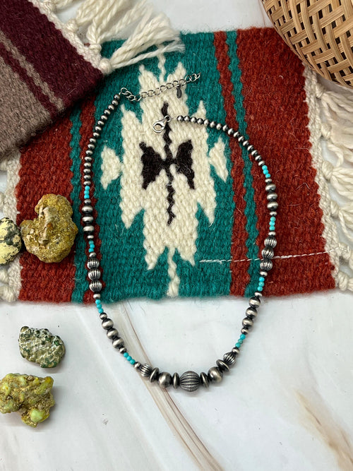 Handmade Sterling Silver Beaded Kingman Turquoise Necklace with Signed Nizhoni