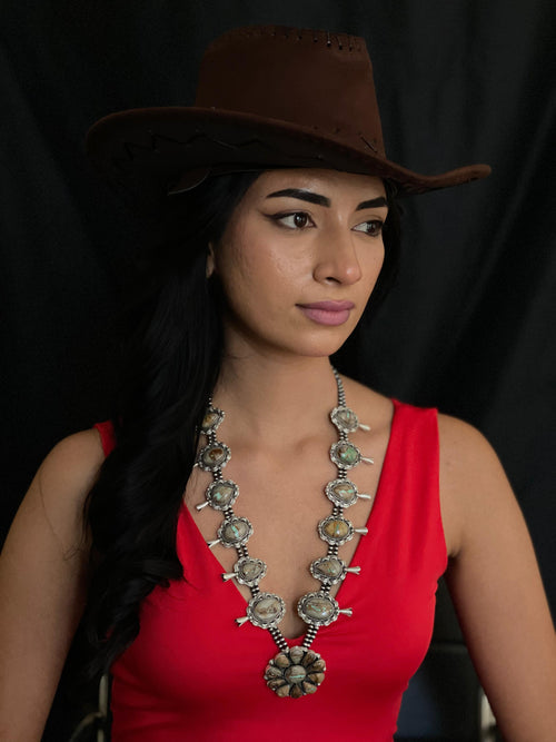 Handmade Sterling Silver Royston Ribbon Turquoise Beaded Squash Blossom Necklace with Signed Nizhoni