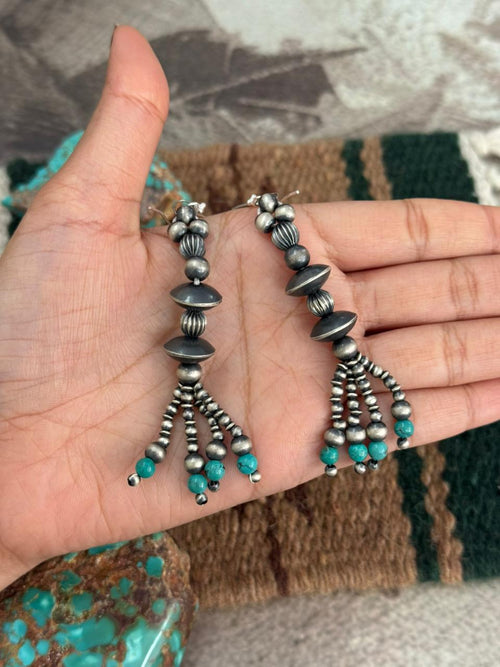 Handmade Sterling Silver Kingman Turquoise Beaded Hook Dangle Earrings