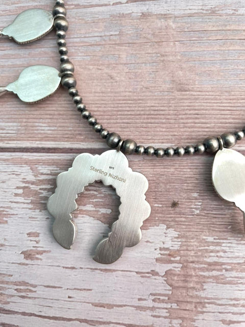 Handmade Sterling Silver Sierra Bella with Palomino Turquoise Collection: Squash Blossom Beaded Necklace "Signed Nizhoni"