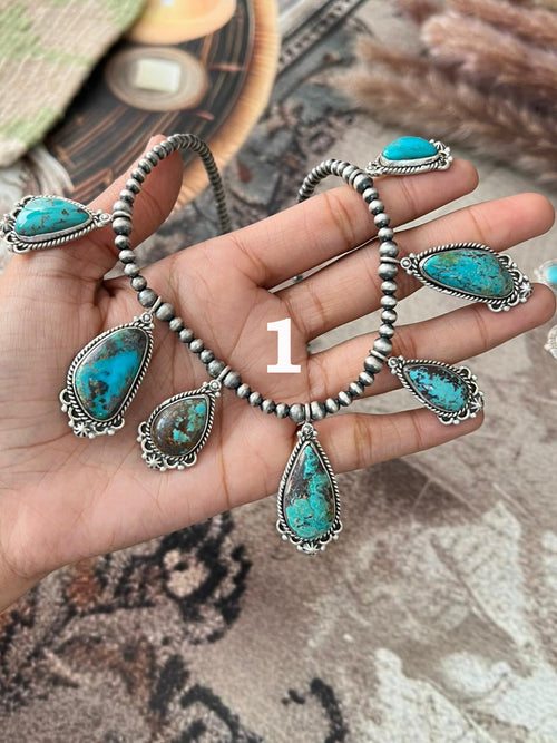 Handmade Sterling Silver Manassa Turquoise Collection: Beaded Necklace "Signed Nizhoni"