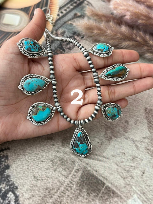 Handmade Sterling Silver Manassa Turquoise Collection: Beaded Necklace "Signed Nizhoni"