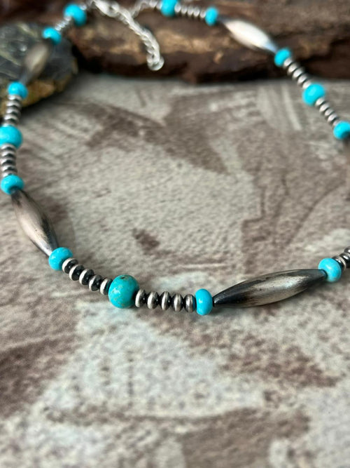 Handmade Sterling Silver Kingman Turquoise Beaded Necklace "Signed Nizhoni"