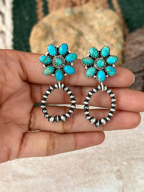 Handmade Sterling Silver Kingman Turquoise Post Dangle Beaded Hoop Earrings "Signed Nizhoni"