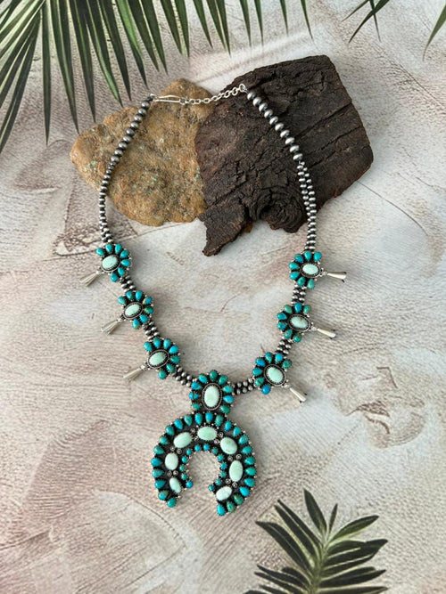 Handmade Sterling Silver Kingman with Paloma Turquoise Beaded Squash Blossom Necklace "Signed Nizhoni"