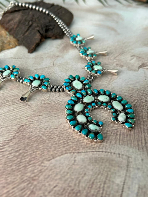 Handmade Sterling Silver Kingman with Paloma Turquoise Beaded Squash Blossom Necklace "Signed Nizhoni"