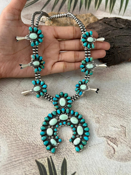 Handmade Sterling Silver Kingman with Paloma Turquoise Beaded Squash Blossom Necklace "Signed Nizhoni"