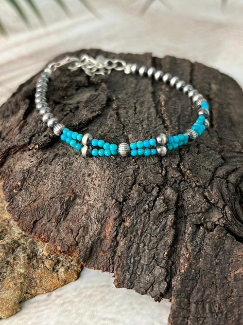 Handmade Sterling Silver Kingman Turquoise Beaded Bracelet "Signed Nizhoni"