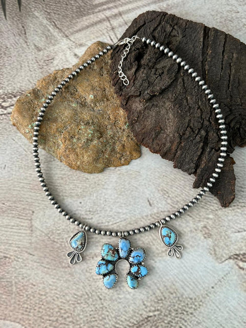 Handmade Sterling Silver Golden Hills Turquoise Beaded Necklace "Signed Nizhoni"