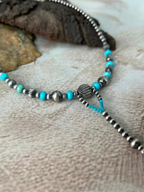 Handmade Sterling Silver Kingman Turquoise Beaded Necklace "Signed Nizhoni"