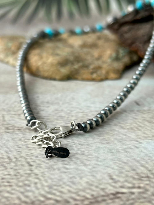 Handmade Sterling Silver Kingman Turquoise Beaded Necklace "Signed Nizhoni"