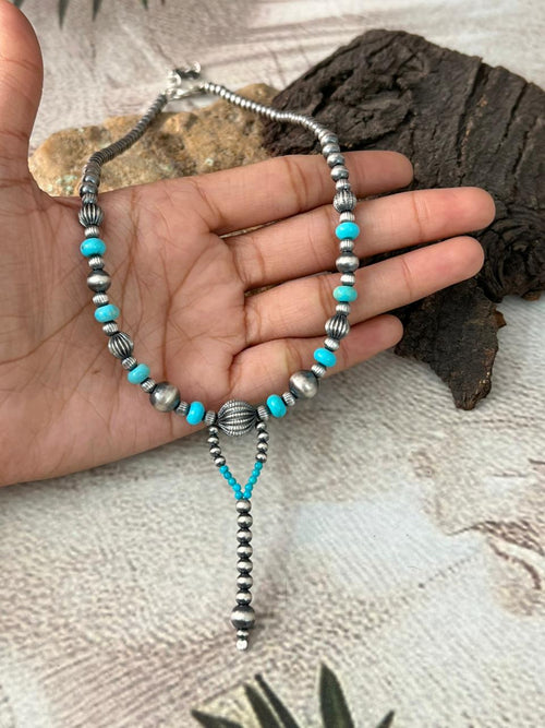 Handmade Sterling Silver Kingman Turquoise Beaded Necklace "Signed Nizhoni"