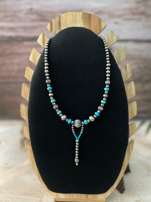 Handmade Sterling Silver Kingman Turquoise Beaded Necklace "Signed Nizhoni"