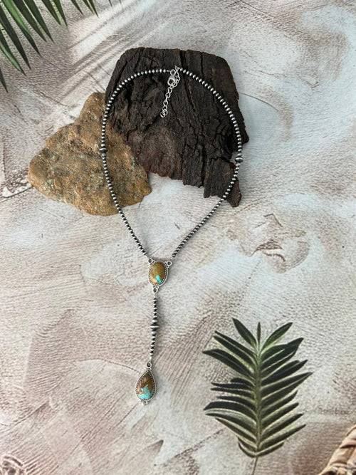 Handmade Sterling Silver Royston Ribbon Turquoise Lariat Beaded Necklace "Signed Nizhoni"