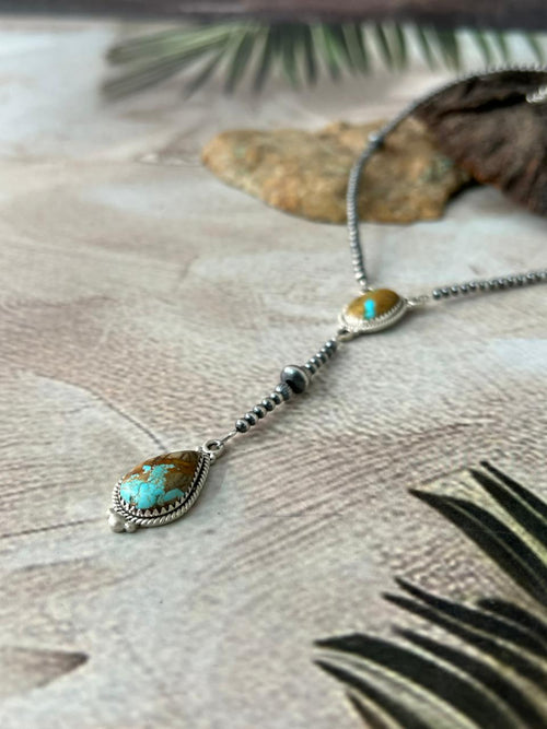 Handmade Sterling Silver Royston Ribbon Turquoise Lariat Beaded Necklace "Signed Nizhoni"