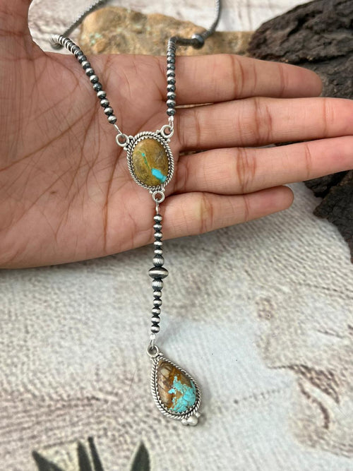 Handmade Sterling Silver Royston Ribbon Turquoise Lariat Beaded Necklace "Signed Nizhoni"