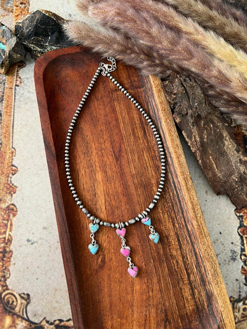 Handmade Sterling Silver Cotton Candy Beaded Heart Necklace "Signed Nizhoni"