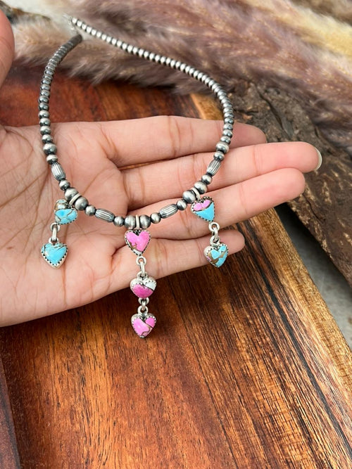 Handmade Sterling Silver Cotton Candy Beaded Heart Necklace "Signed Nizhoni"