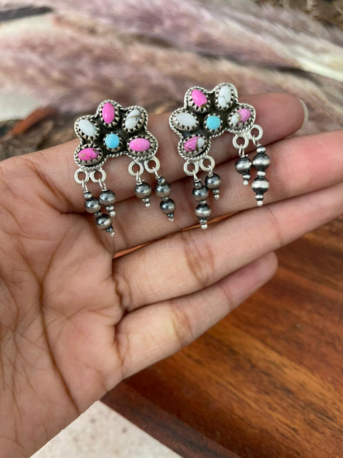 Handmade Sterling Silver Cotton Candy Post Dangle Beaded Earrings "Signed Nizhoni"