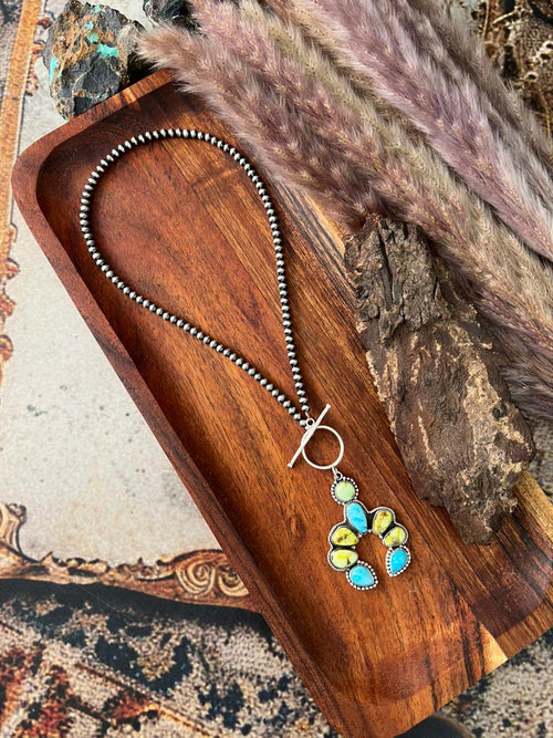 Handmade Sterling Silver Sierra Bella with Palomino Turquoise Naja Beaded Necklace "Signed Nizhoni"