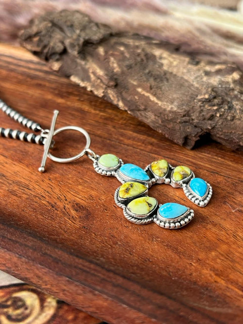 Handmade Sterling Silver Sierra Bella with Palomino Turquoise Naja Beaded Necklace "Signed Nizhoni"