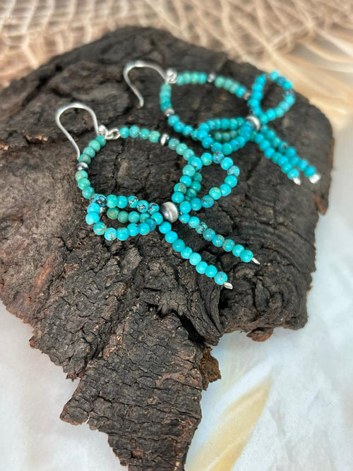 Handmade Sterling Silver Kingman Turquoise Hook Dangle Bow Style Beaded Earrings